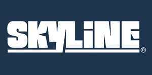 Skyline Manufactured Homes Logo, "Skyline" written out in white on a dark blue background