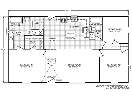 3 bedroom, 2 bathroom manufactured home floor plan with central kitchen and living room