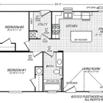 2 bedroom, 1 bathroom manufactured home floor plan with living room and kitchen to the right hand side
