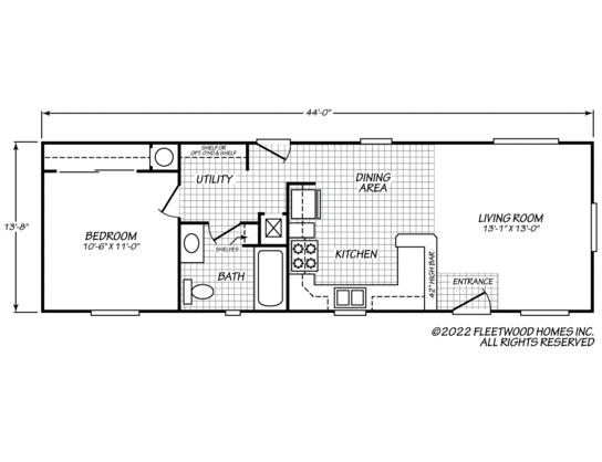 1 bedroom, 1 bathroom manufactured home floor plan with living room and kitchen to the right hand side