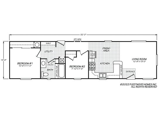 2 bedroom, 1 bathroom manufactured home floor plan with living room and kitchen to the right hand side