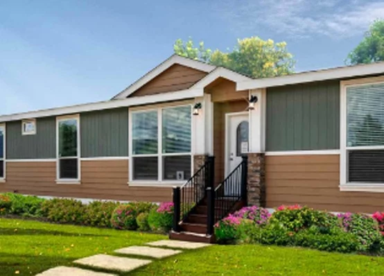 Front view of a modular home offered by Lens Home Center