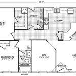 2 bedroom, 2 bathroom manufactured home floor plan with living room and kitchen to the right hand side