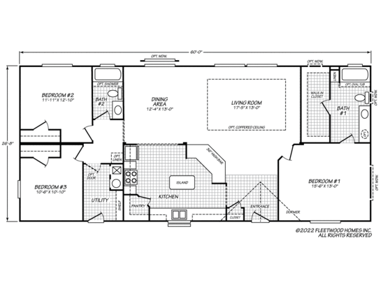 3 bedroom, 2 bathroom manufactured home floor plan with central kitchen and large dining area adjacent to living room