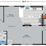 3 bedroom, 2 bathroom manufactured home floor plan with central living rooom and kitchen