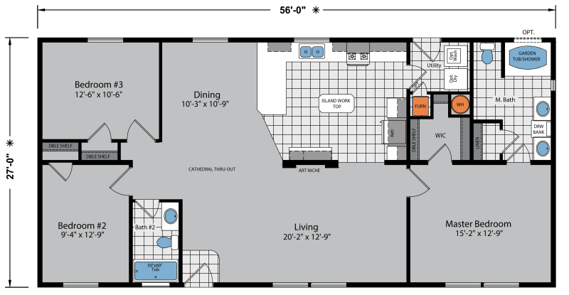 3 bedroom, 2 bathroom manufactured home floor plan with central living rooom and kitchen