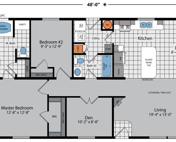 2 bedroom, 2 bathroom manufactured home floor plan with living room and kitchen to the right hand side