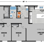3 bedroom, 2 bathroom manufactured home floor plan with living room and kitchen to the right hand side
