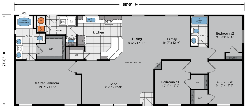 4 bedroom, 2 bathroom manufactured home floor plan with central living room and kitchen