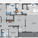 4 bedroom, 2 bathroom manufactured home floor plan with family room and kitchen to the right hand side