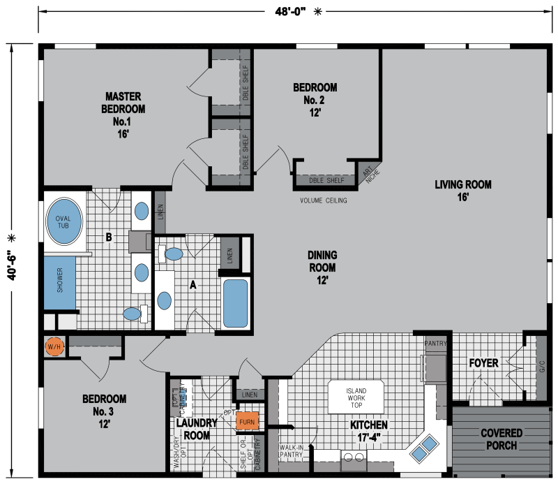 3 bedroom, 2 bathroom manufactured home floor plan with living room and kitchen to the right hand side