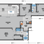 3 bedroom, 2 bathroom manufactured home floor plan with living room and kitchen to the left hand side