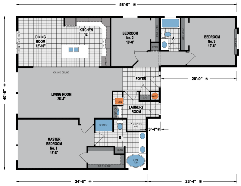 3 bedroom, 2 bathroom manufactured home floor plan with living room and kitchen to the left hand side