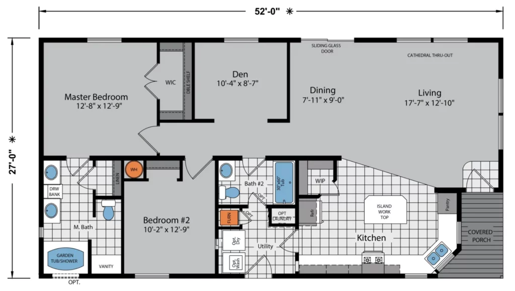 2 bedroom, 2 bathroom manufactured home floor plan with living room and kitchen on the right hand side