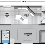 3 bedroom, 2 bathroom manufactured home floor plan with central living room and kitchen