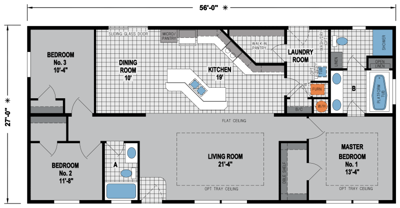 3 bedroom, 2 bathroom manufactured home floor plan with central living room and kitchen
