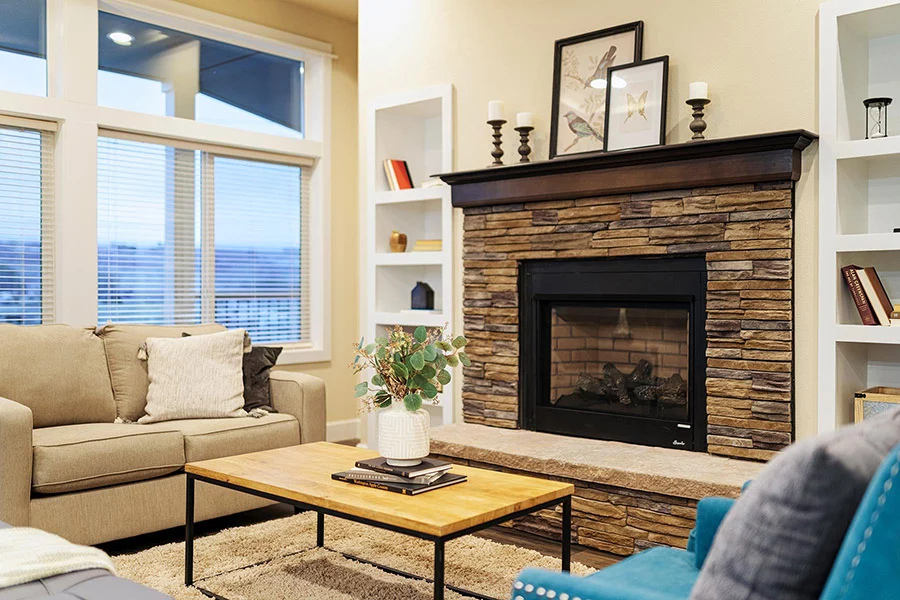 a beautiful fireplace installed in the living room of a manufactured home in Coos Bay Oregon