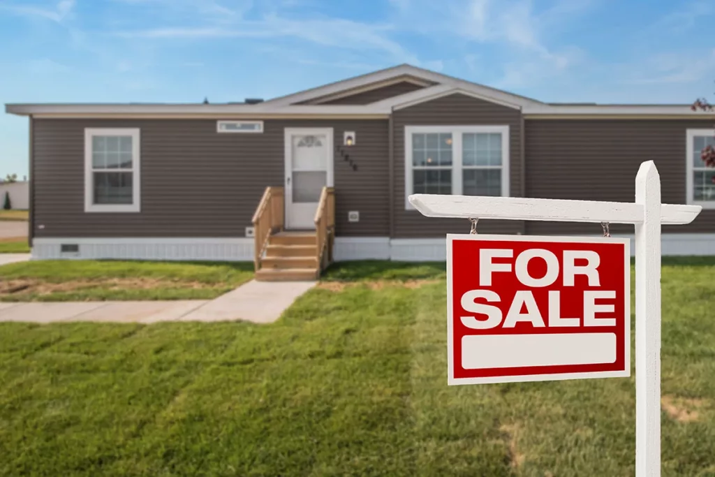 Exterior of Manufactured Home slightly blurred in the background with a wooden "For Sale" sign clearly prominent in the foreground