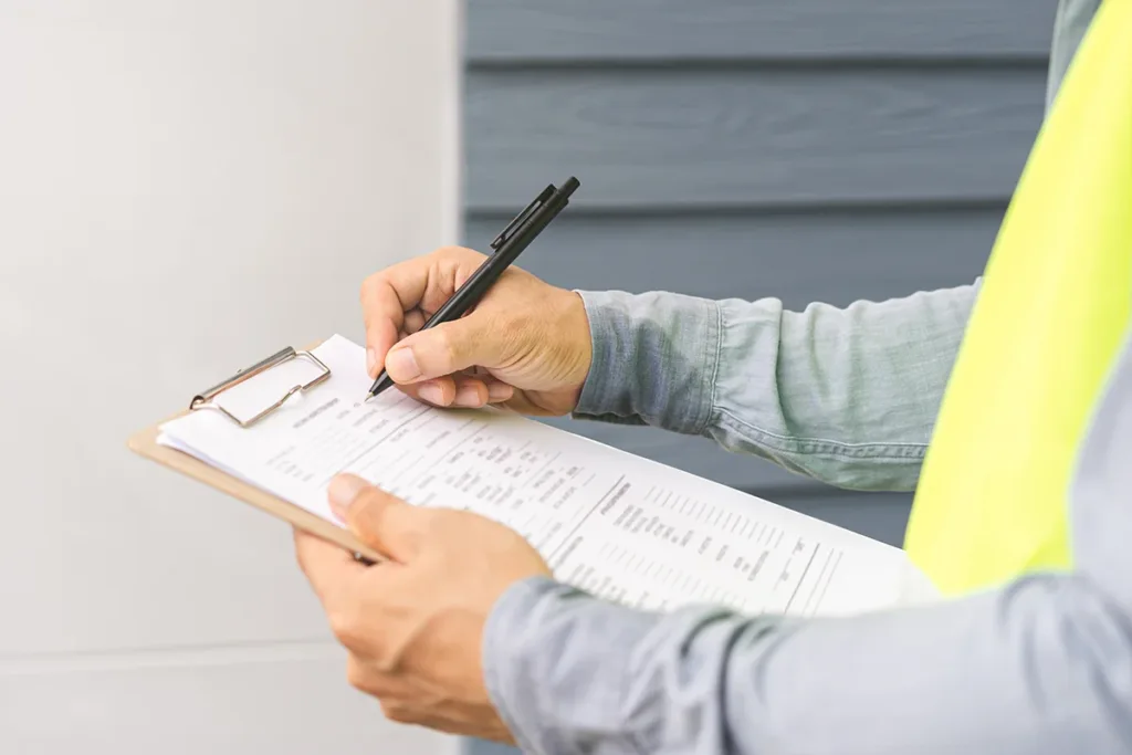 A close up of a hand taking notes on a clipboard during the final inspection of a manufactured home installation.