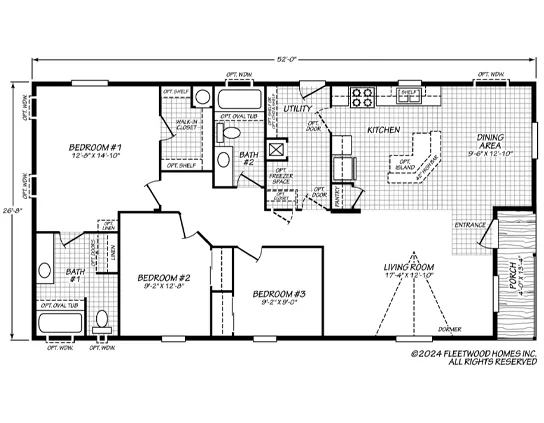 3 bedroom, 2 bathroom manufactured home floor plan with central kitchen and living room