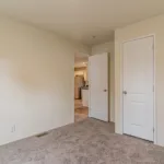 bedroom with grey brown plush carpeting and closet