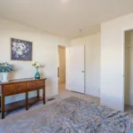 secondary bedroom with a dark wood console and queen size bed with closet