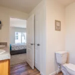 dual sink vanity with grey granite counters, rich wood cabinets, and nickel hardware across from a toilet and detached closet